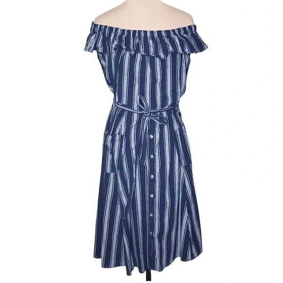 knee length dresses for ladies Claire Stripe Button Down Midi Dress- Navy main image 0